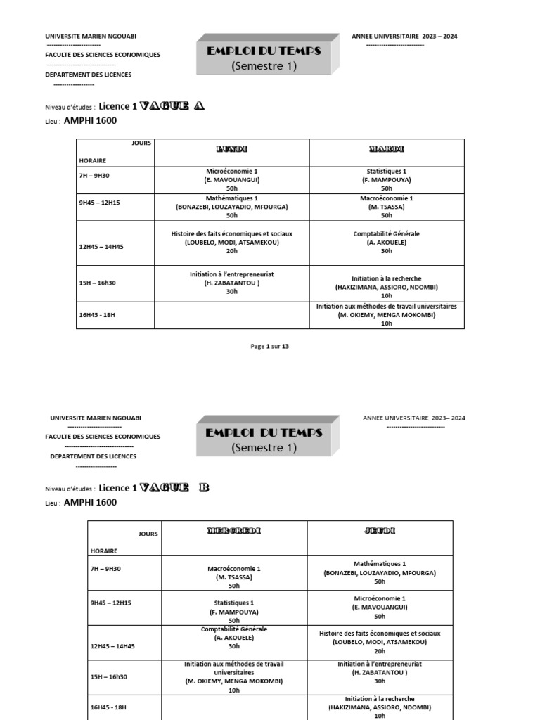 Emploi du temps Licence Éco Gestion 2023-2024 | PDF | Économie | Business