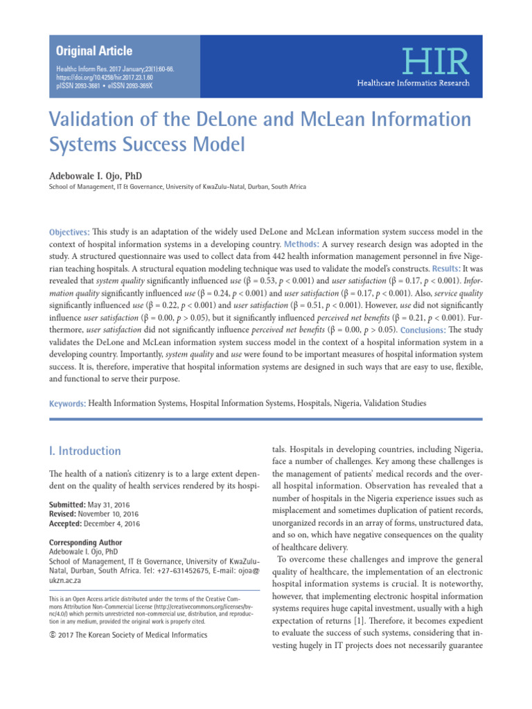Validation of The DeLone and McLean Information Systems Success Model ...