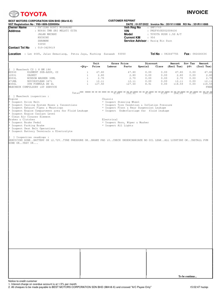 Invoice owner name veh reg no address vin model current km service