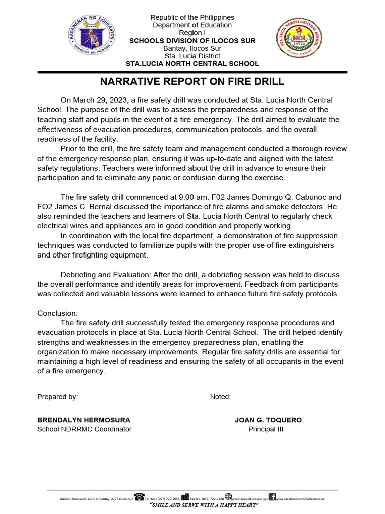 Narrative Report On Fire Drill | PDF | Emergency Management | Fire Safety