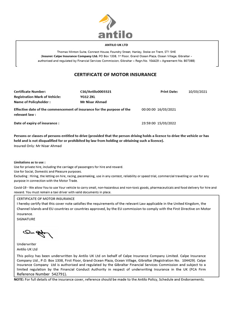 Hire and Reward Insurance Certificate | PDF | Insurance | Vehicle Insurance