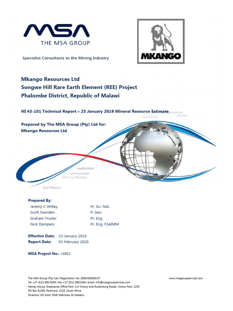 Songwe Hill REE Project Report 2019 | PDF | Mining | Geology