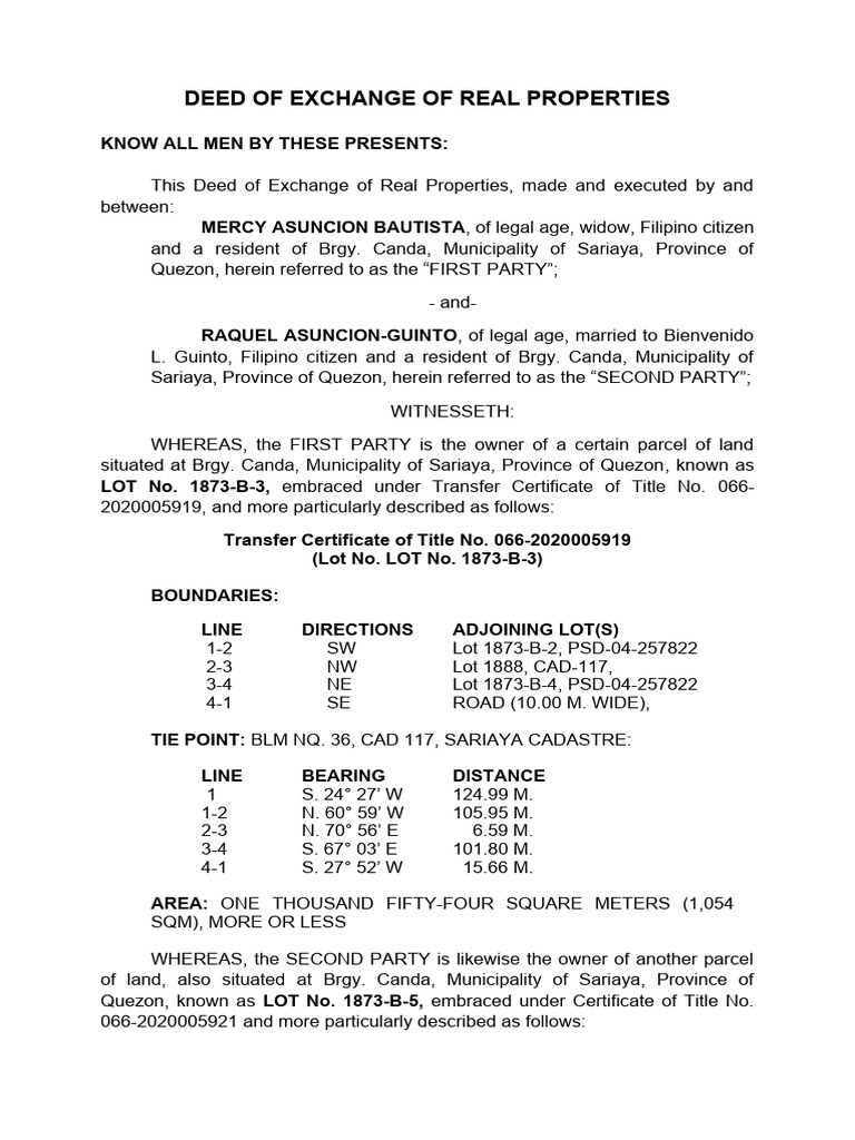 Deed of Exhange Mercy & Raquel PDF Real Property Law Legal Documents