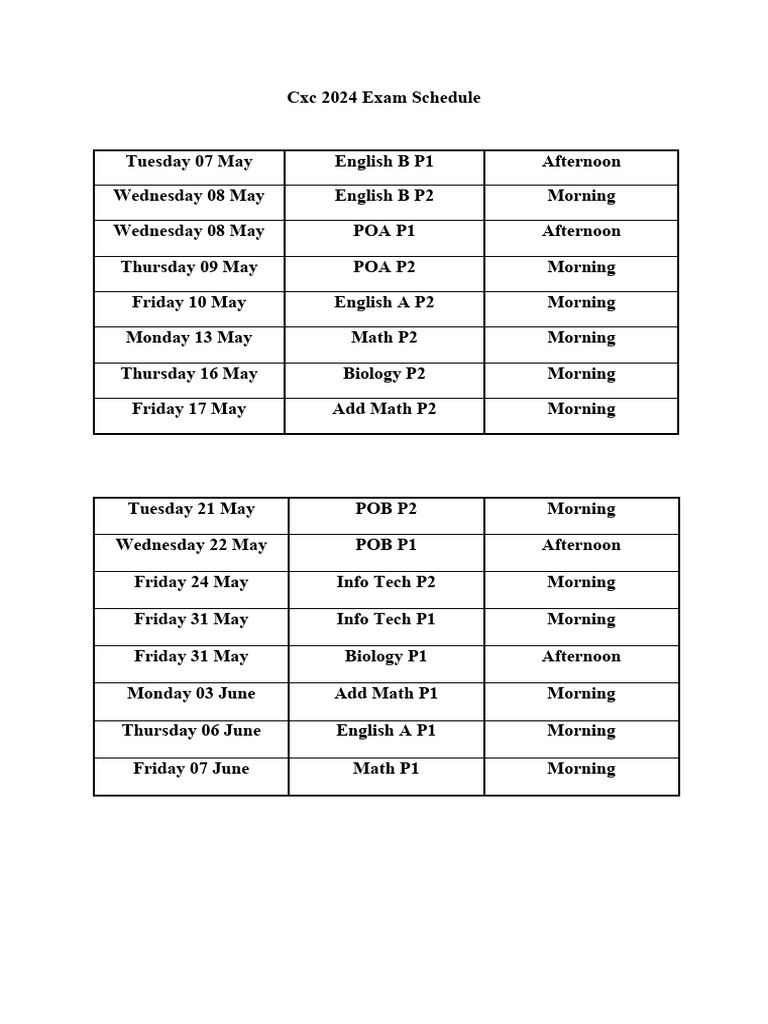 CXC 2024 Exam Schedule PDF