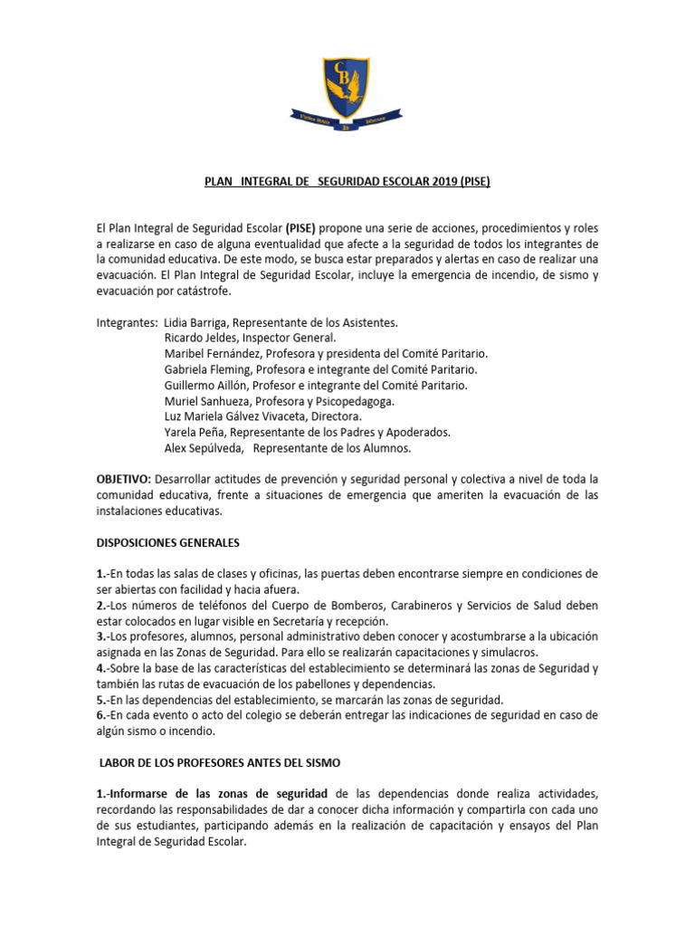 Plan Integral de Seguridad Escolar 2019 | PDF | Maestros | Evaluación