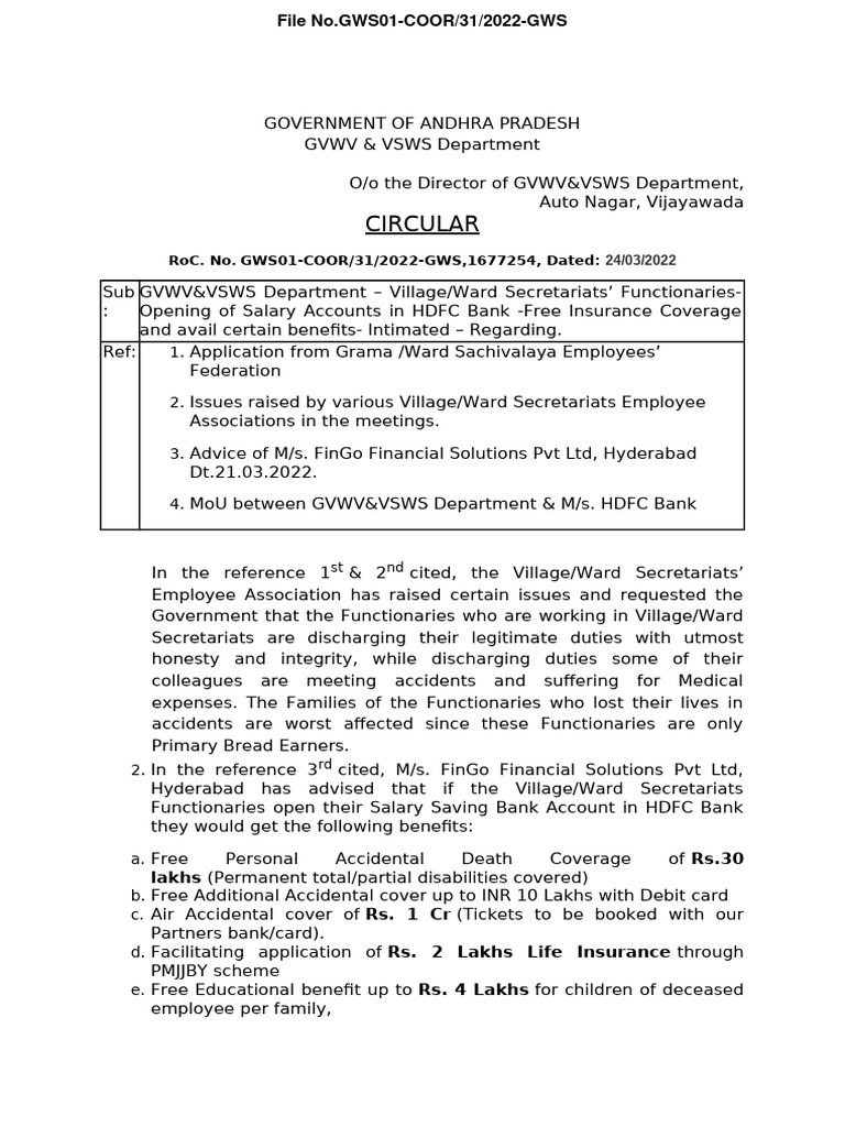 Gsws hdfc circular pdf employee benefits banks