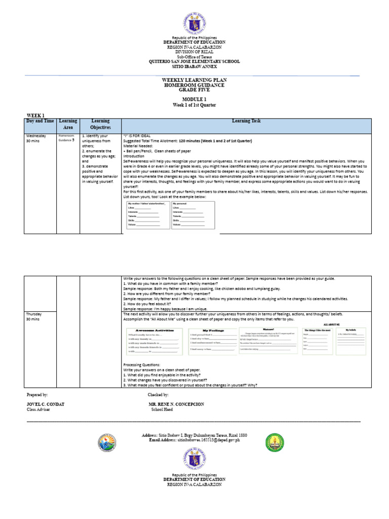Grade 5 Homeroom Guidance Weekly Plan | PDF | Learning | Self Awareness