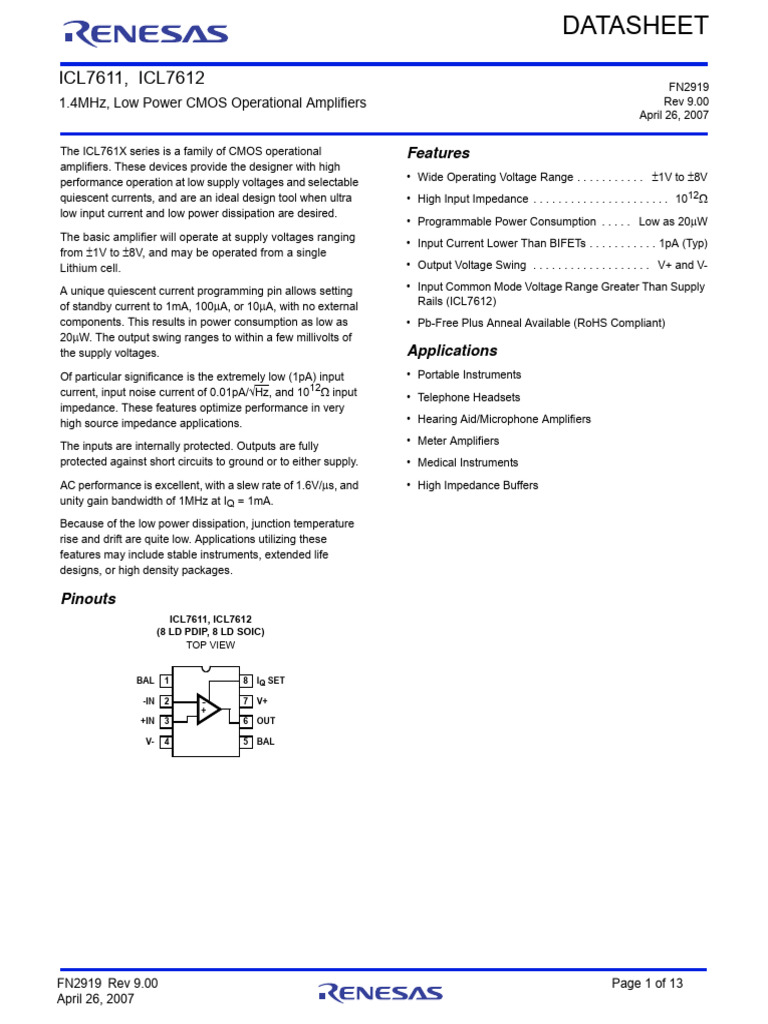 ICL7611-1.4MHz, Low Power CMOS Operational Amplifiers | PDF | Amplifier ...