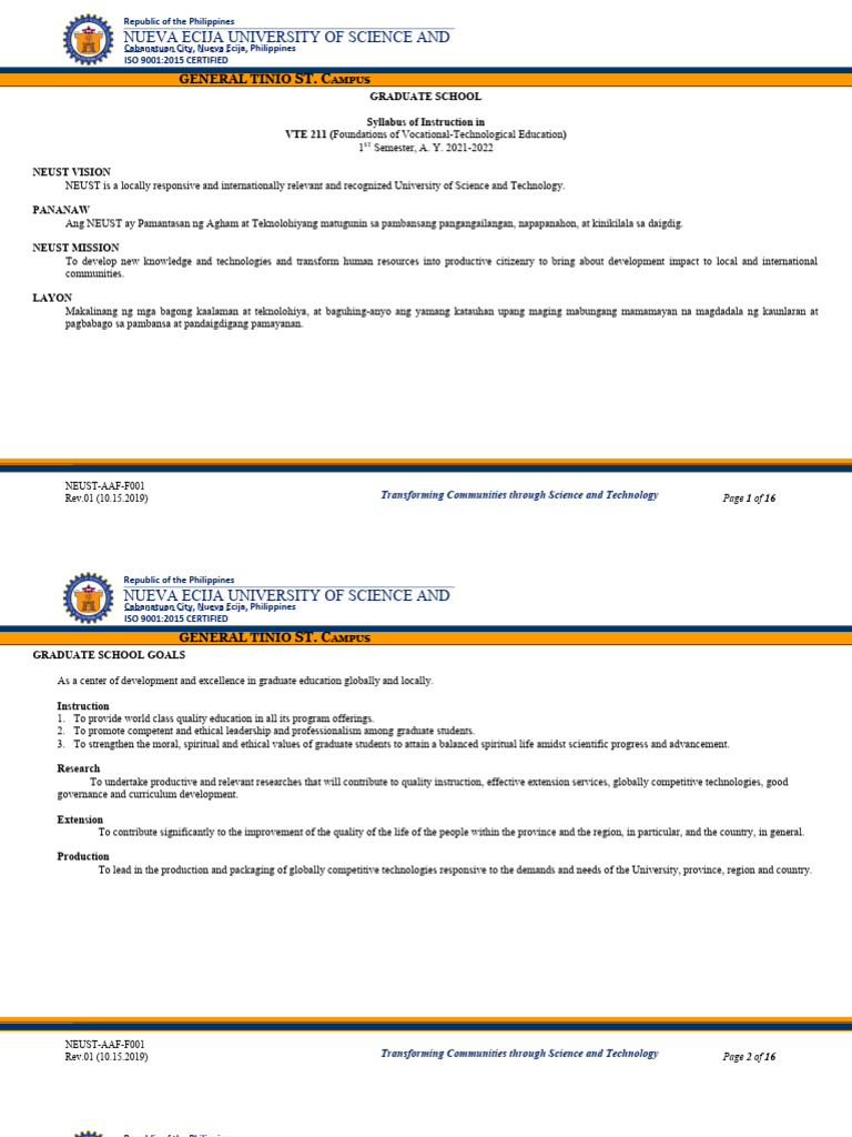 NEUST VTE 211 Course Syllabus Overview | PDF | Vocational Education ...