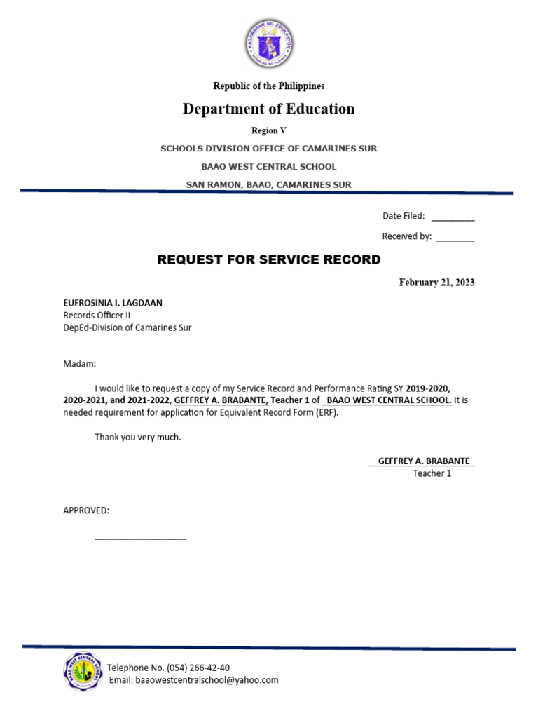 Request For Service Record | PDF