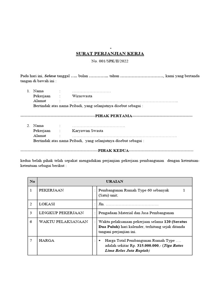 Contoh SPK Pembangunan Rumah Type 60 | PDF | Teknologi & Rekayasa