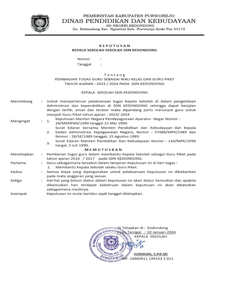 Contoh SK Piket Sekolah | PDF