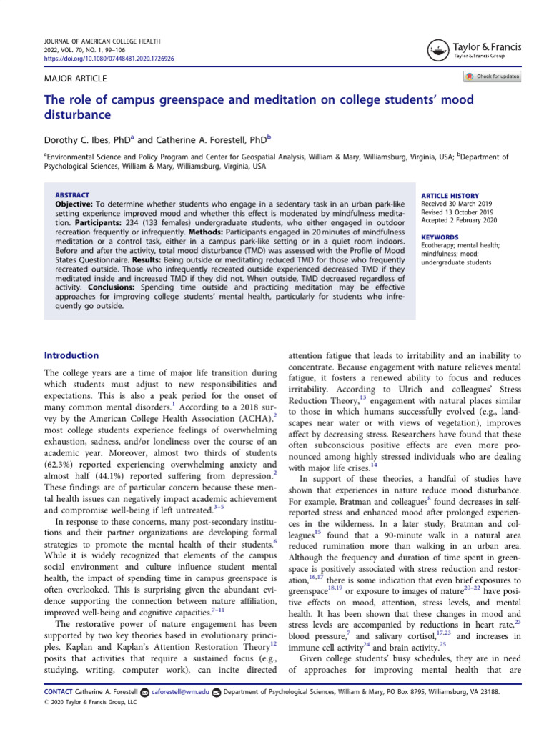 The Role of Campus Greenspace and Meditation On College Students' Mood ...