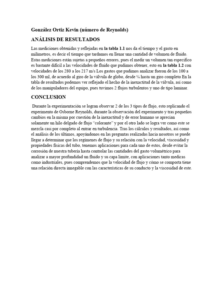 Conclus y Analisis Rey y Prop | PDF | Viscosidad | Turbulencia