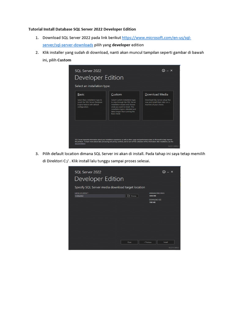 Tutorial Install Database SQL Server 2022 Developer Edition | PDF
