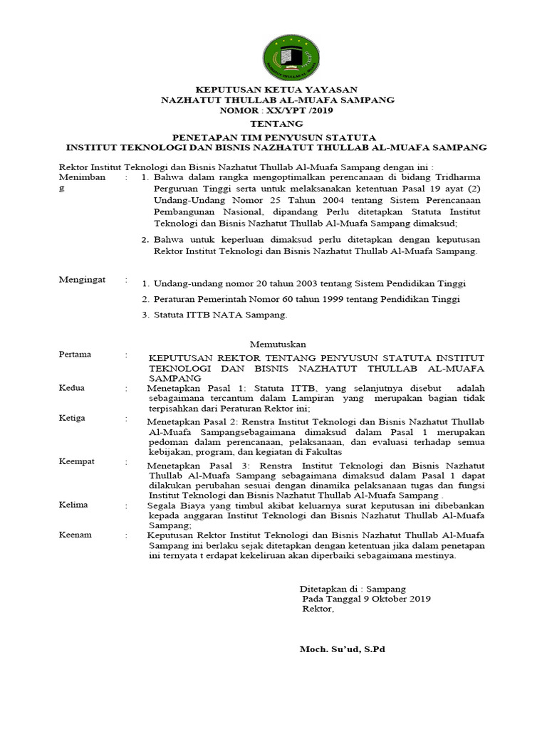 Penetapan Tim Penyusun Statuta ITTB | PDF