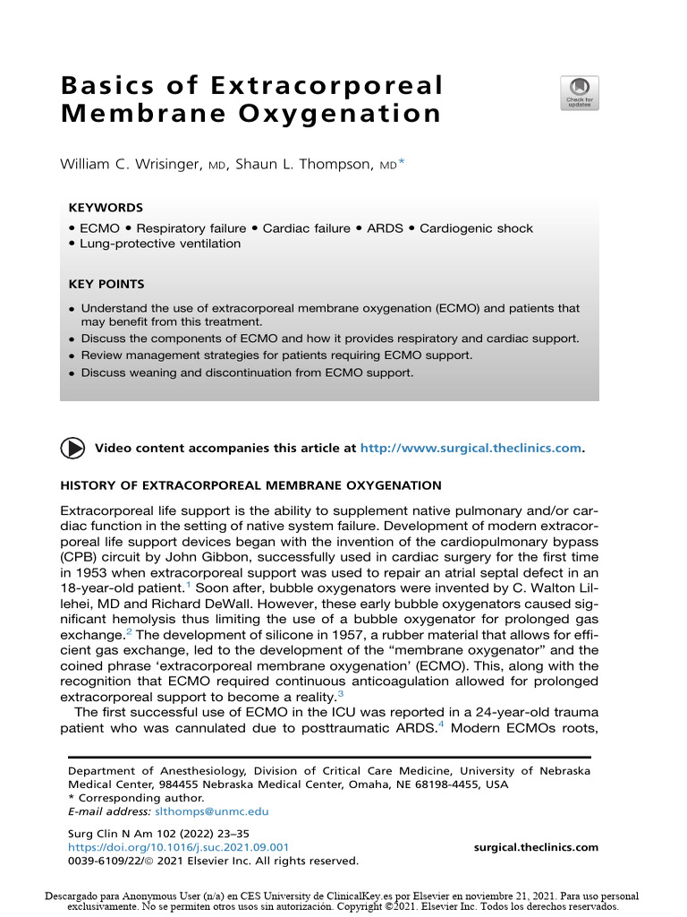 Basics of Extracorporeal Membrane Oxygenation | PDF | Medical ...