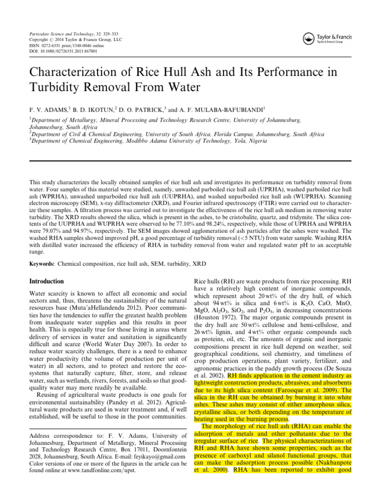 Adams Et Al. 2014 Characterization of Rice Hull Ash and Its
