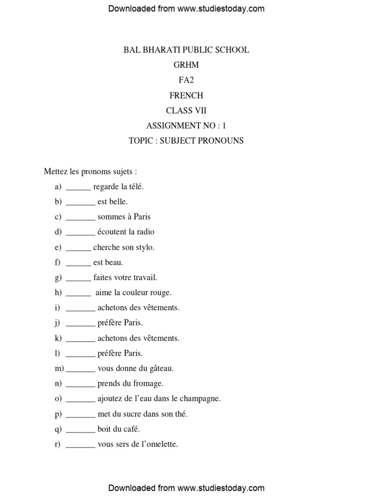 Cbse Class 7 French Practice Worksheet Pdf