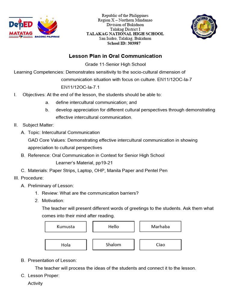 Lesson Plan in Oral Communication 4 | PDF | Cross Cultural ...