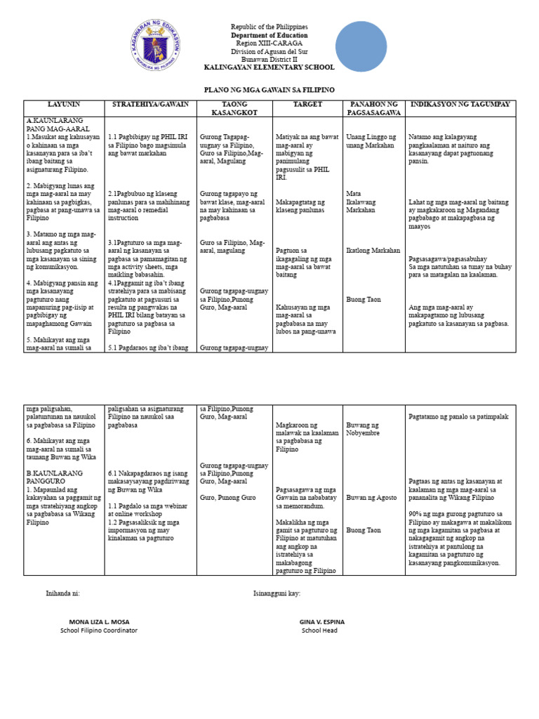 ACTION PLAN in FILIPINO | PDF