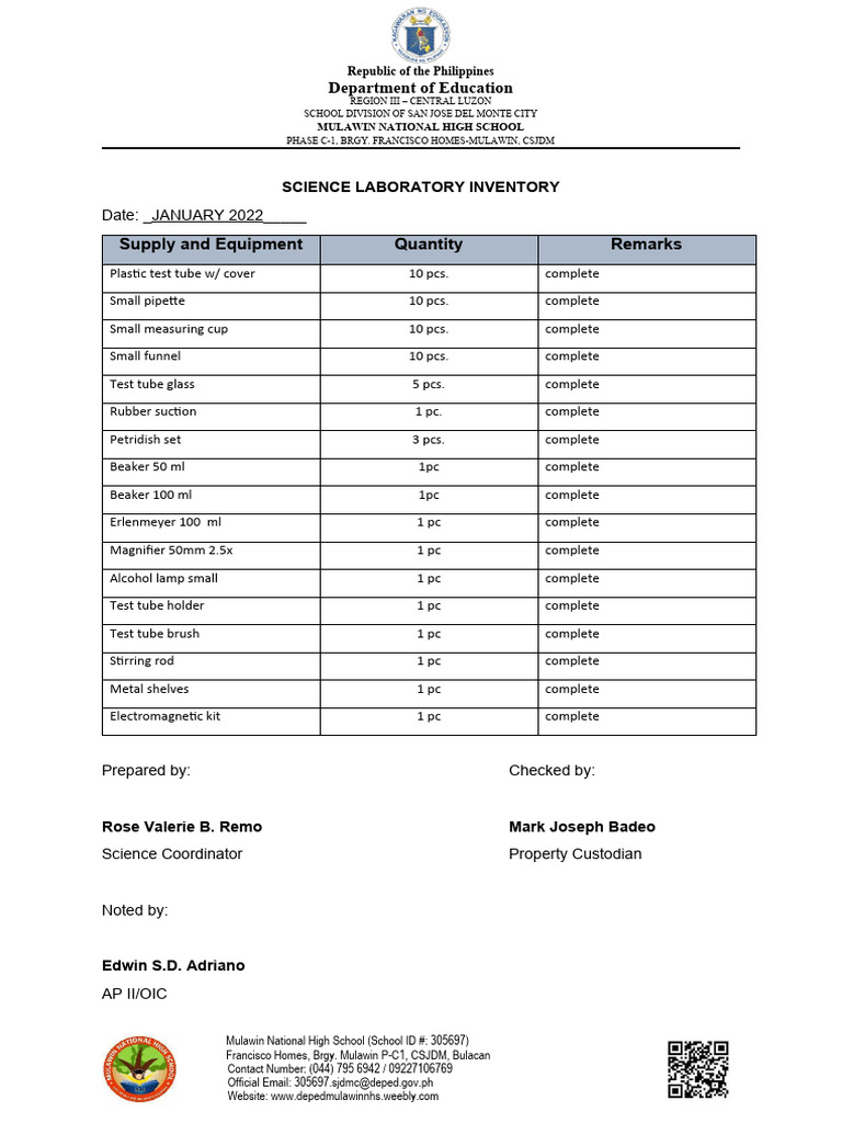 Inventory science lab pdf laboratories laboratory equipment