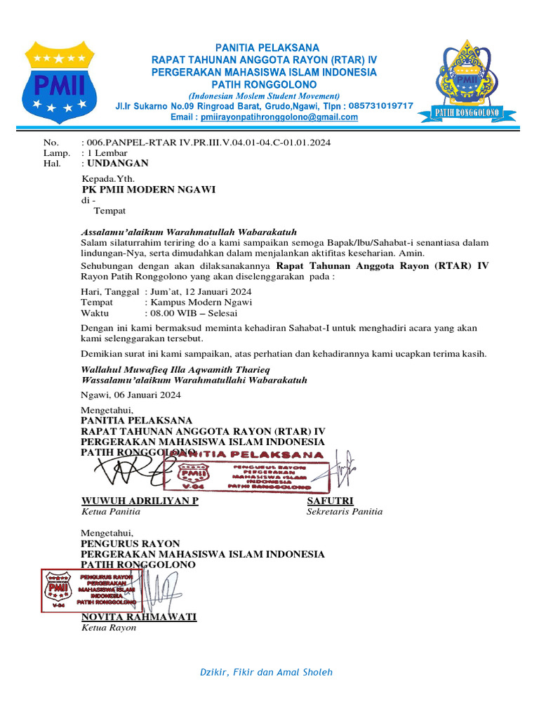 Undangan RTAR IV PMII Patih Ronggolono | PDF