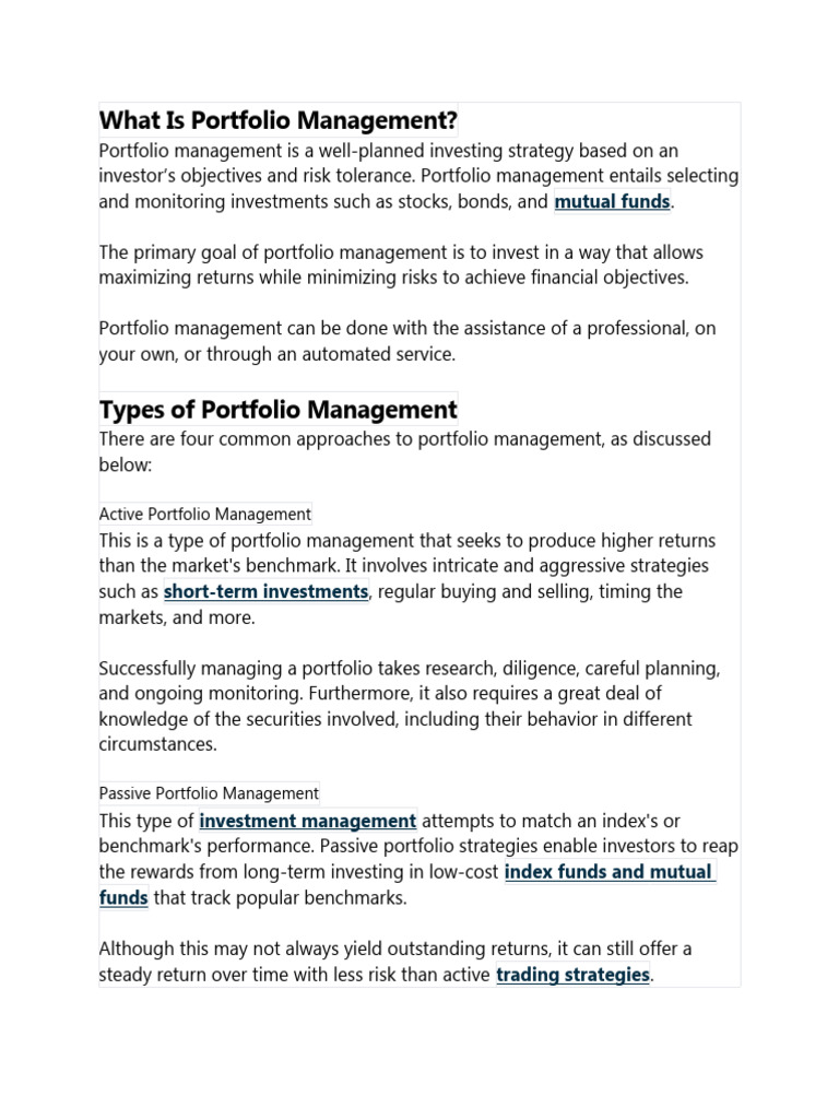 What Is Portfolio Management PDF Investing Financial Risk