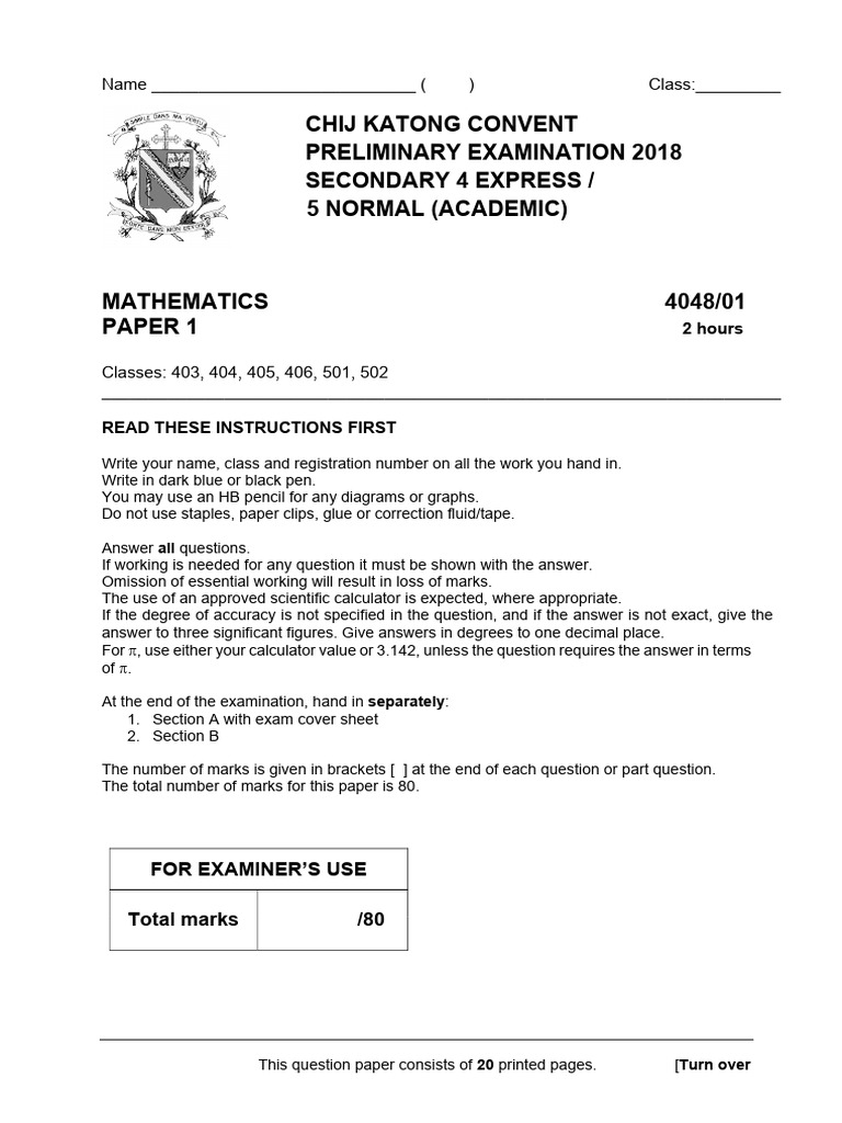 Sec 4 E Maths SA2 2018 Katong Convent | PDF | Triangle | Area