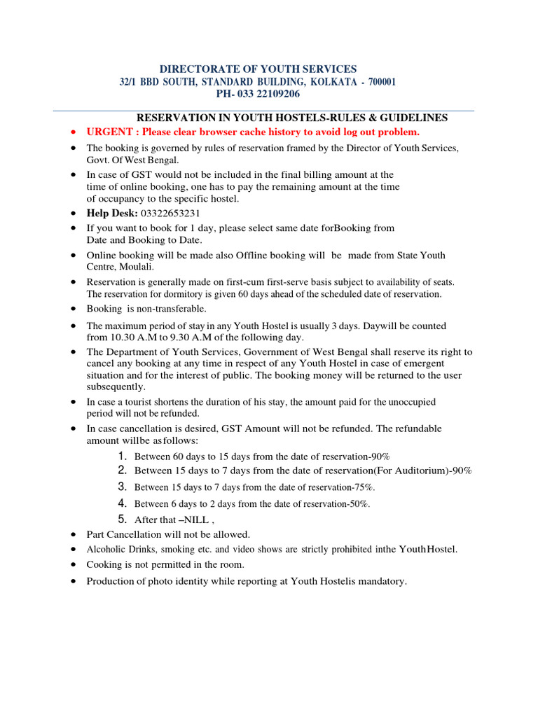 Youth Hostel Cancellation Guidelines | PDF