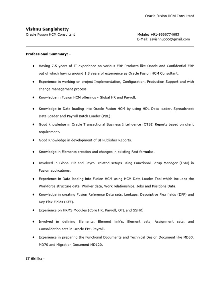 Oracle Fusion HCM Consultant Profile | PDF | Computing | Information ...