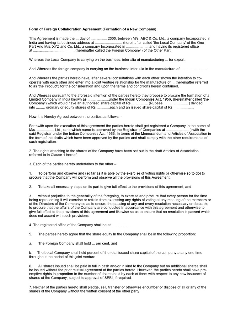 Foreign Collaboration Agreement Template | PDF | Breach Of Contract ...
