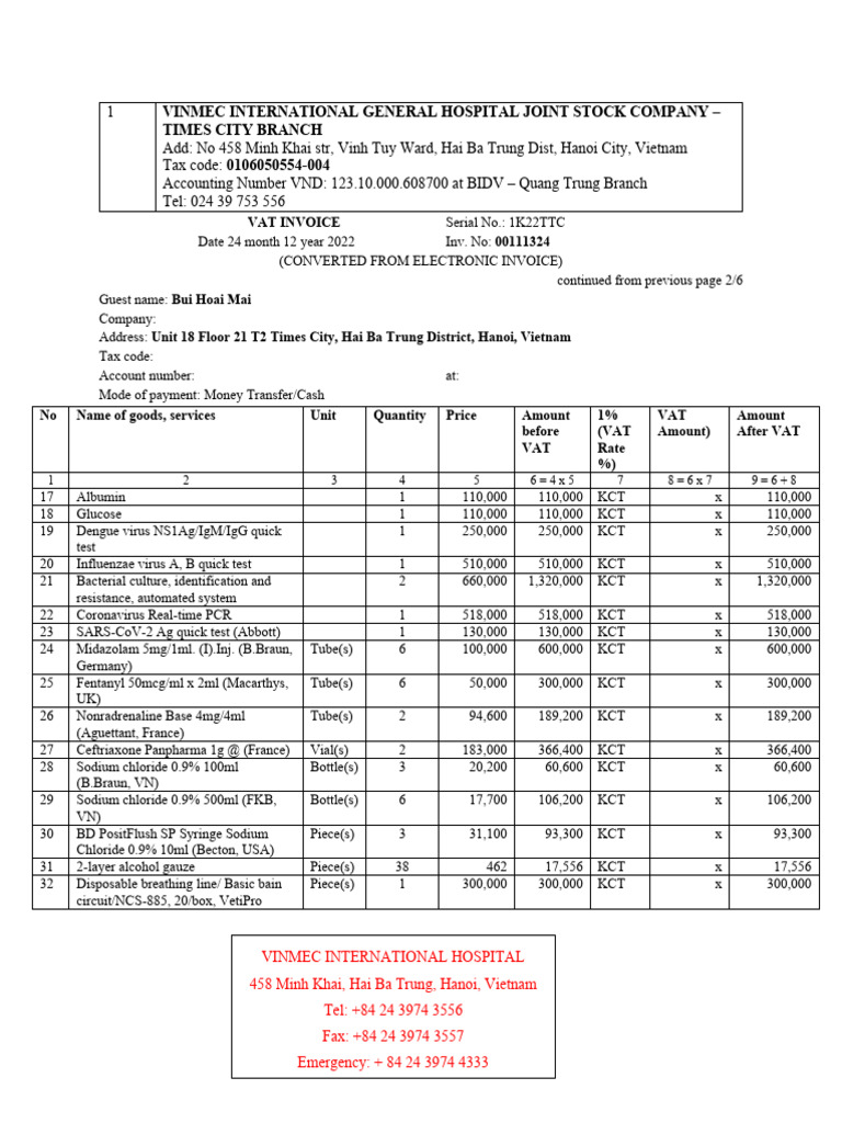 Vinmec Hospital VAT Invoice Details | PDF | Value Added Tax | Invoice