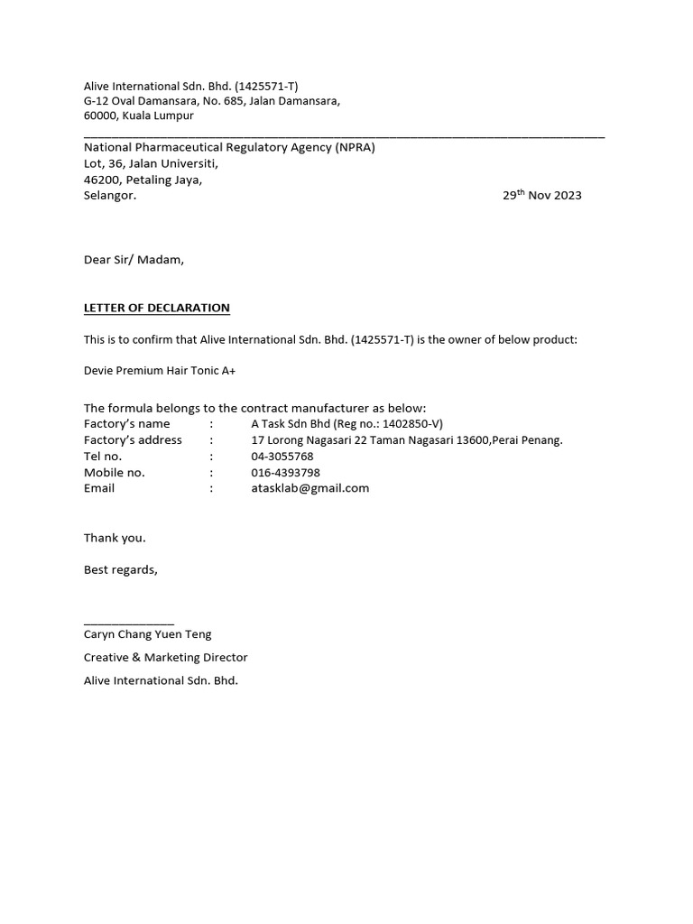 Letter of Declaration A  PDF