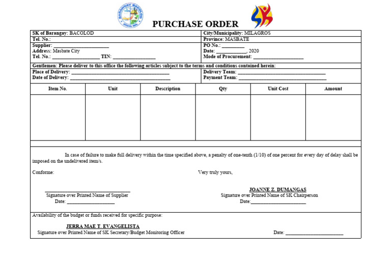 Barangay SK Purchase Order Template | PDF