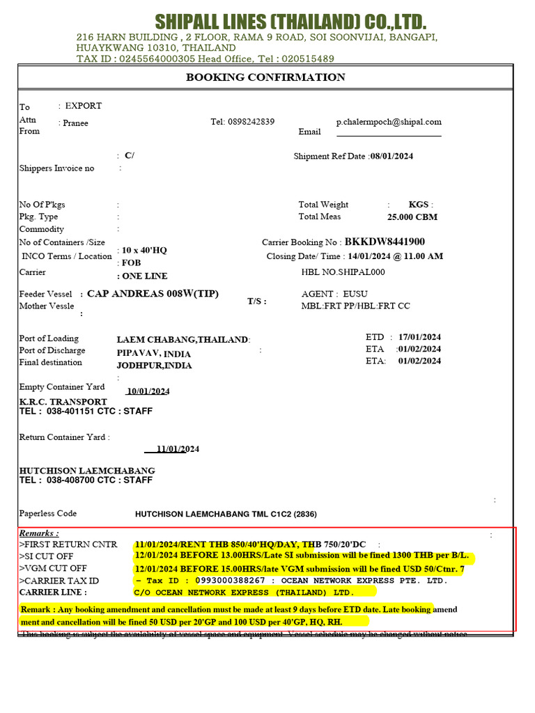 ONE Line Booking Confirmation Details | PDF | Shipping | Consumer Goods