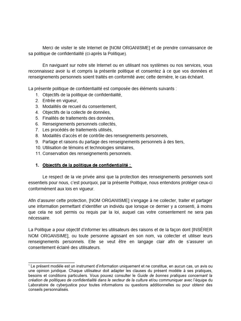 Modèle de Politique de Confidentialité | PDF | Internet | Internet et Web