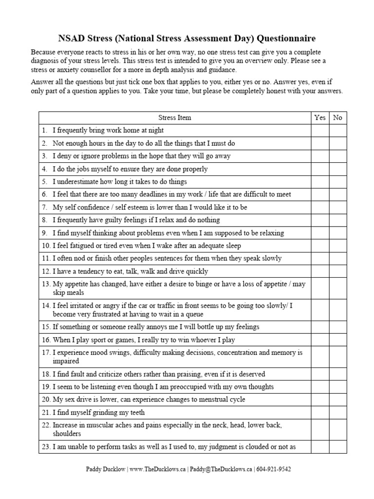 NSAD Stress Assessment Questionnaire | PDF | Stress (Biology) | Stress ...