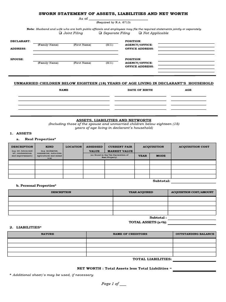 Sworn Statement of Assets and Liabilities | PDF | Net Worth | Identity ...
