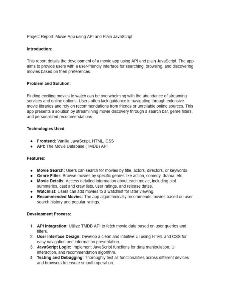 A Project Report On A Movie App Using API and Plain Javascript | PDF ...