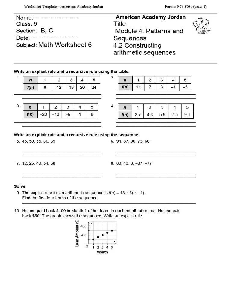 Arithmetic Sequences Worksheet | PDF