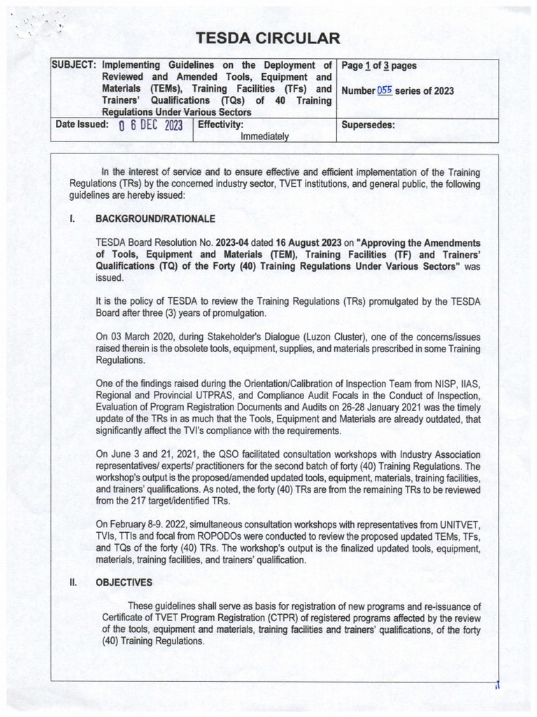 TESDA Circular 055: Guidelines for TRs | PDF | Numerical Control ...