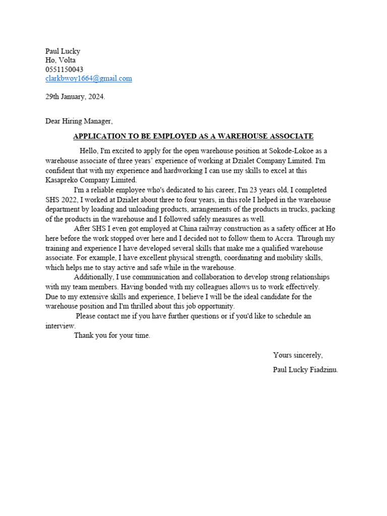 Application for Warehouse Associate Position | PDF