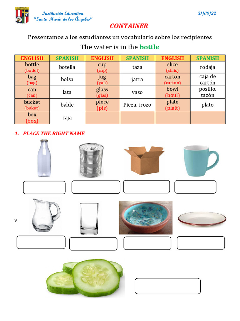 Vocabulario de Recipientes en Inglés | PDF
