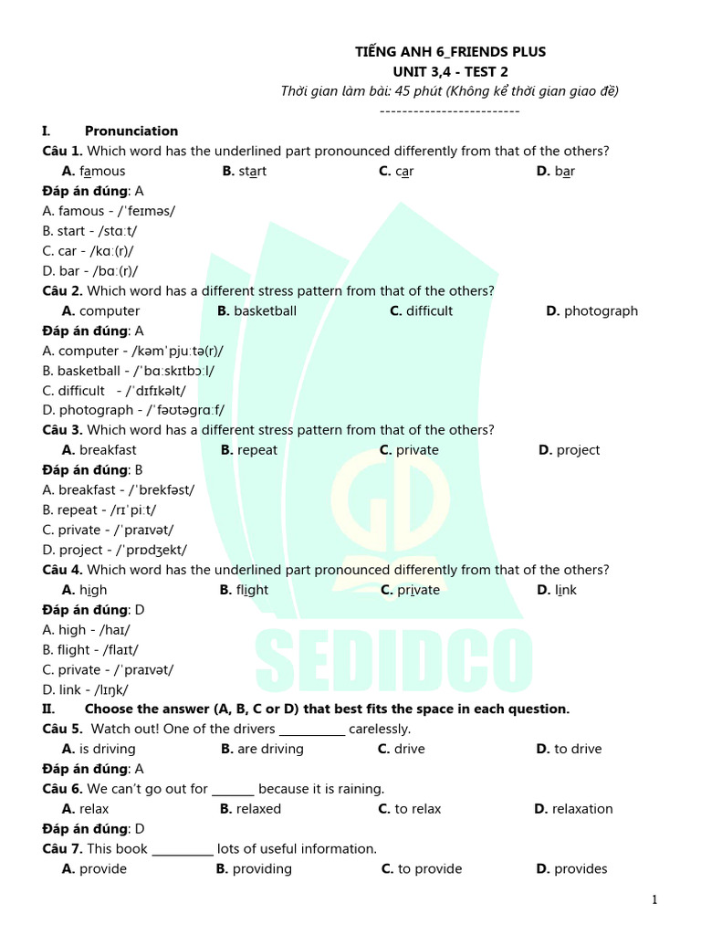 Tieng Anh 6 Friends Plus - Unit 3&4 - Test 2 (Key) | PDF