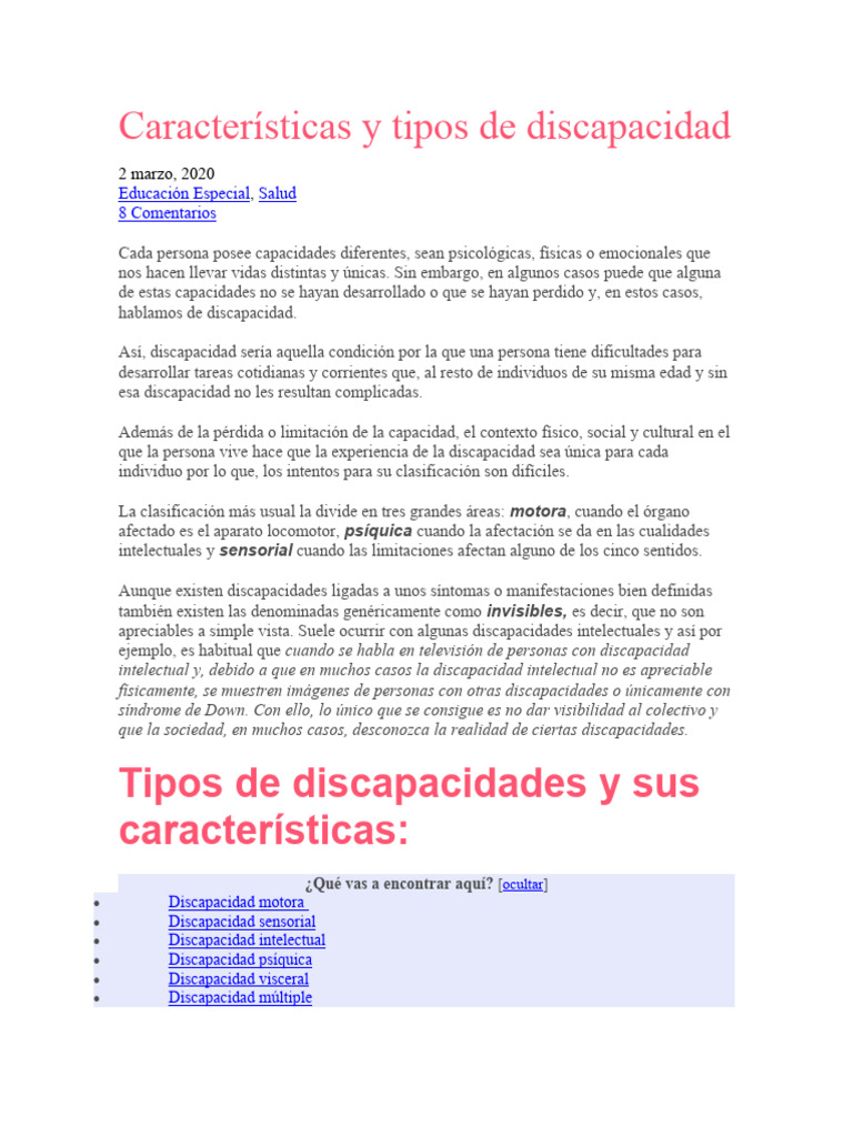 Características y Tipos de Discapacidad | PDF | Discapacidad ...