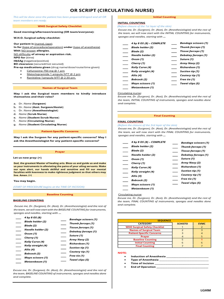 Circulating Nurse Surgical Script | PDF | Surgery | Surgical Suture