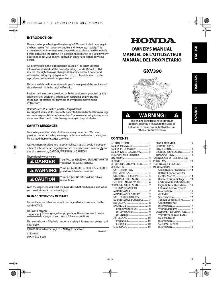 Owners Manual Gxv390ut1 English 37z5v6000 | PDF | Gasoline | Motor Oil