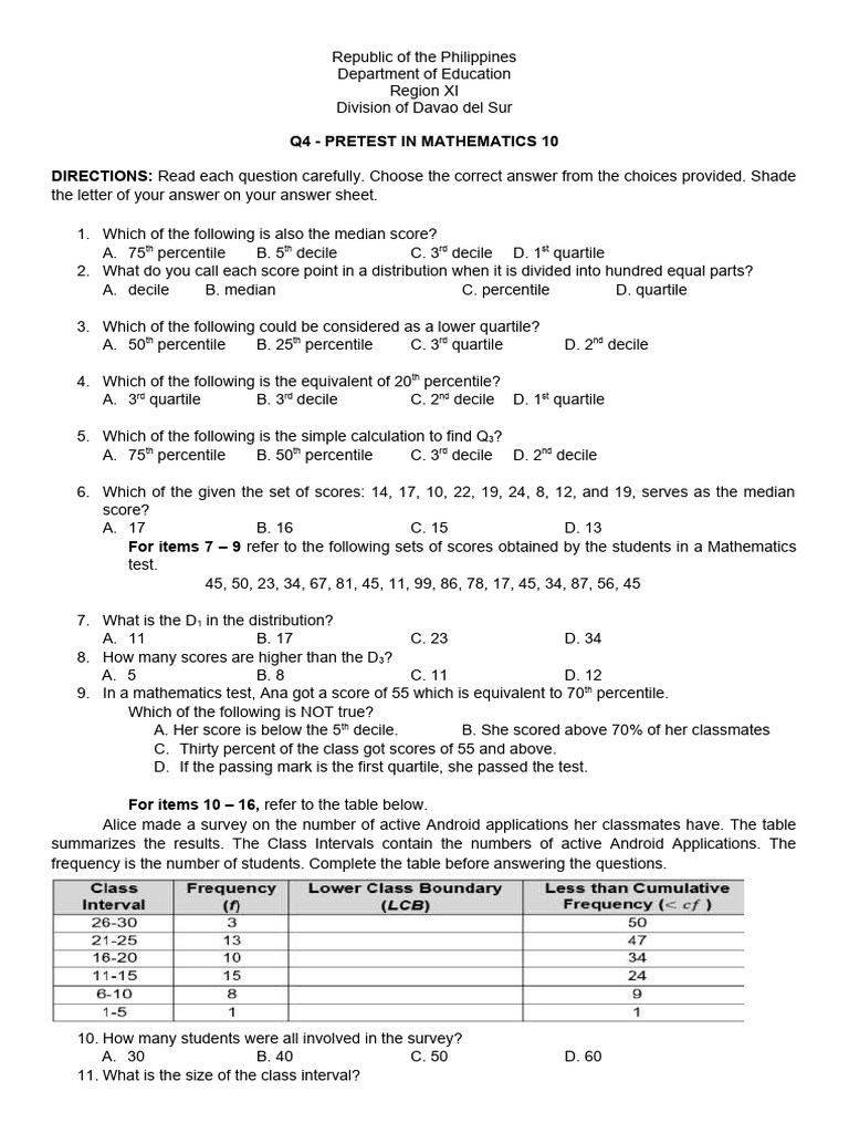 Mathematics 10 Pretest Questions | PDF