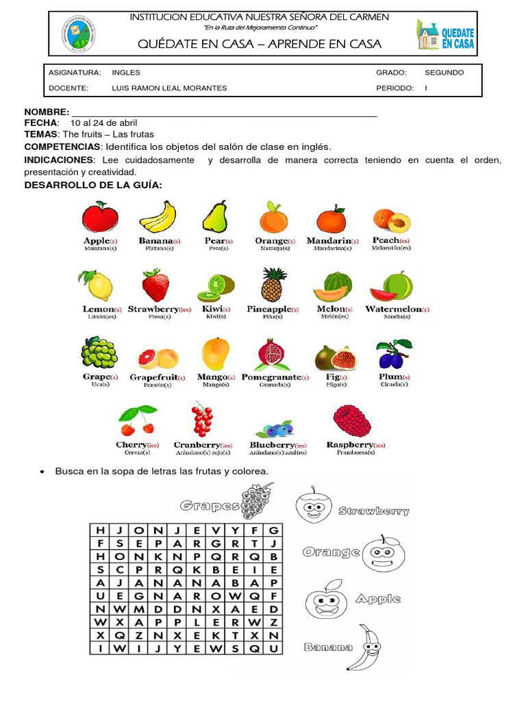 Guía de Inglés para Segundo Grado: Frutas | PDF | Estudios de idiomas ...